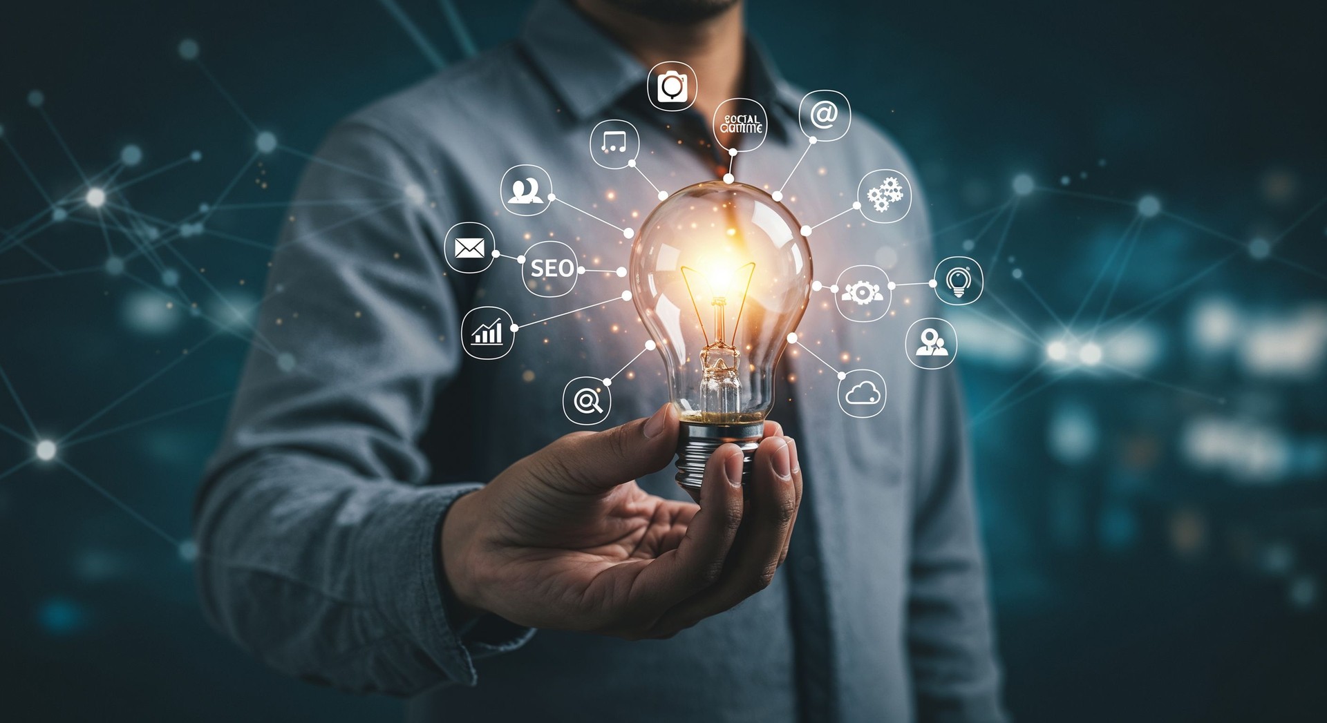 Glowing Light Bulb in Hand with Digital Marketing Icons on Blue Tech Background